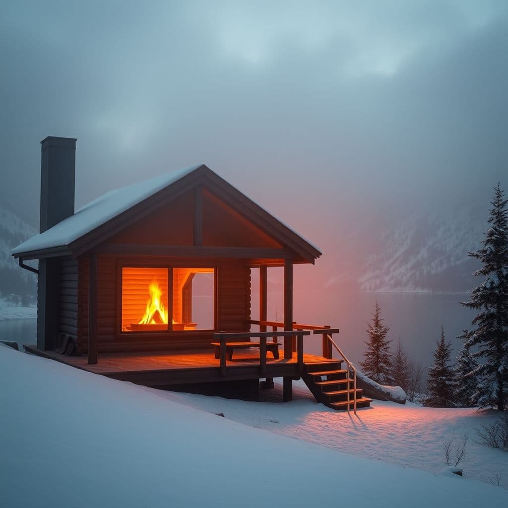 Cabaña acogedora en un bosque con chimenea y vista al lago.