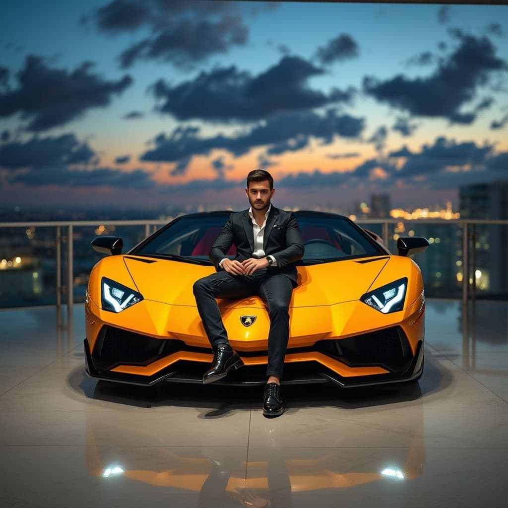 Hombre joven multimillonario posando con coches deportivos de lujo en una mansión