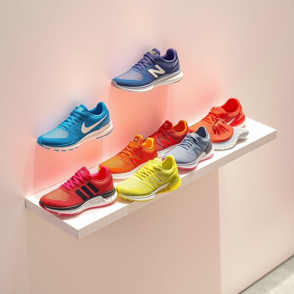 Colección de zapatillas de colores vibrantes organizadas en un estante.