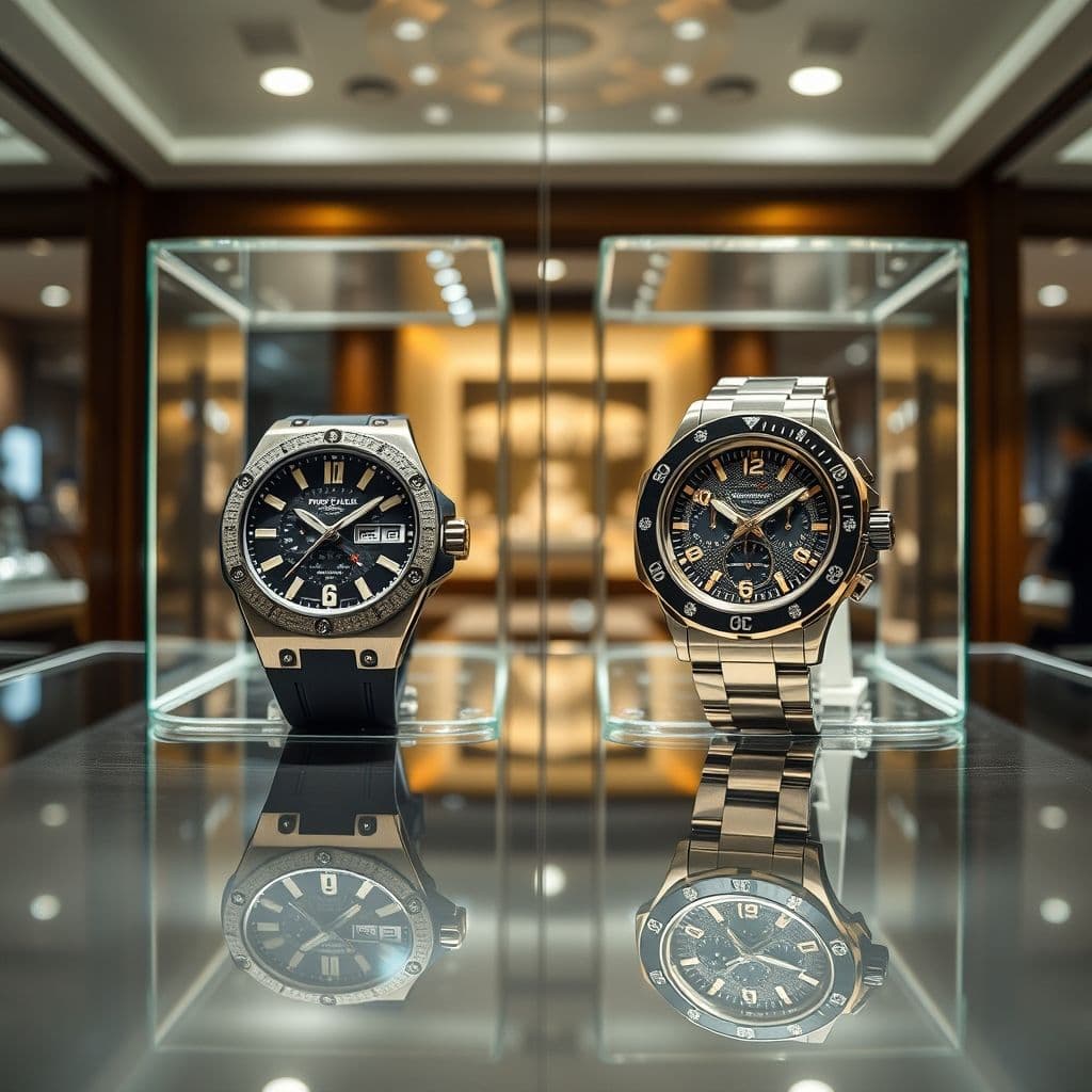 Dos relojes de lujo extremo sobre pedestales iluminados en una joyería exclusiva