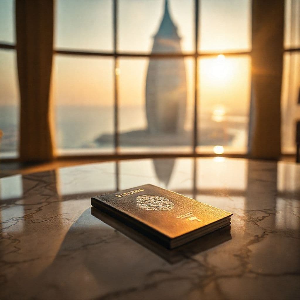 Pasaporte confiscado en mesa de lujosa habitación de hotel en Dubai