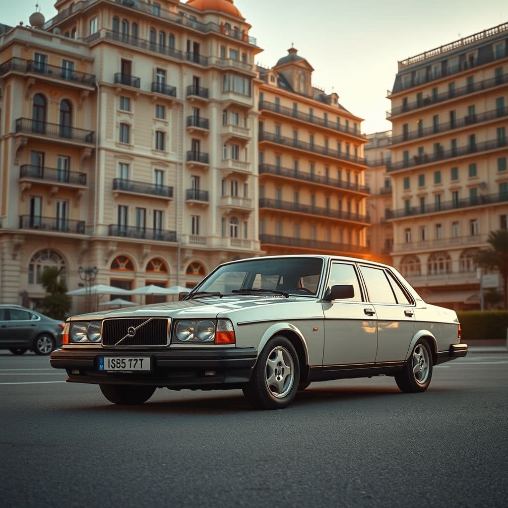 Un Volvo S70 antiguo estacionado frente a lujosos edificios en Mónaco, contrastando con el entorno de lujo.