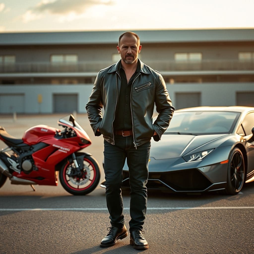 Jason Statham posando junto a su colección de autos y motos de lujo