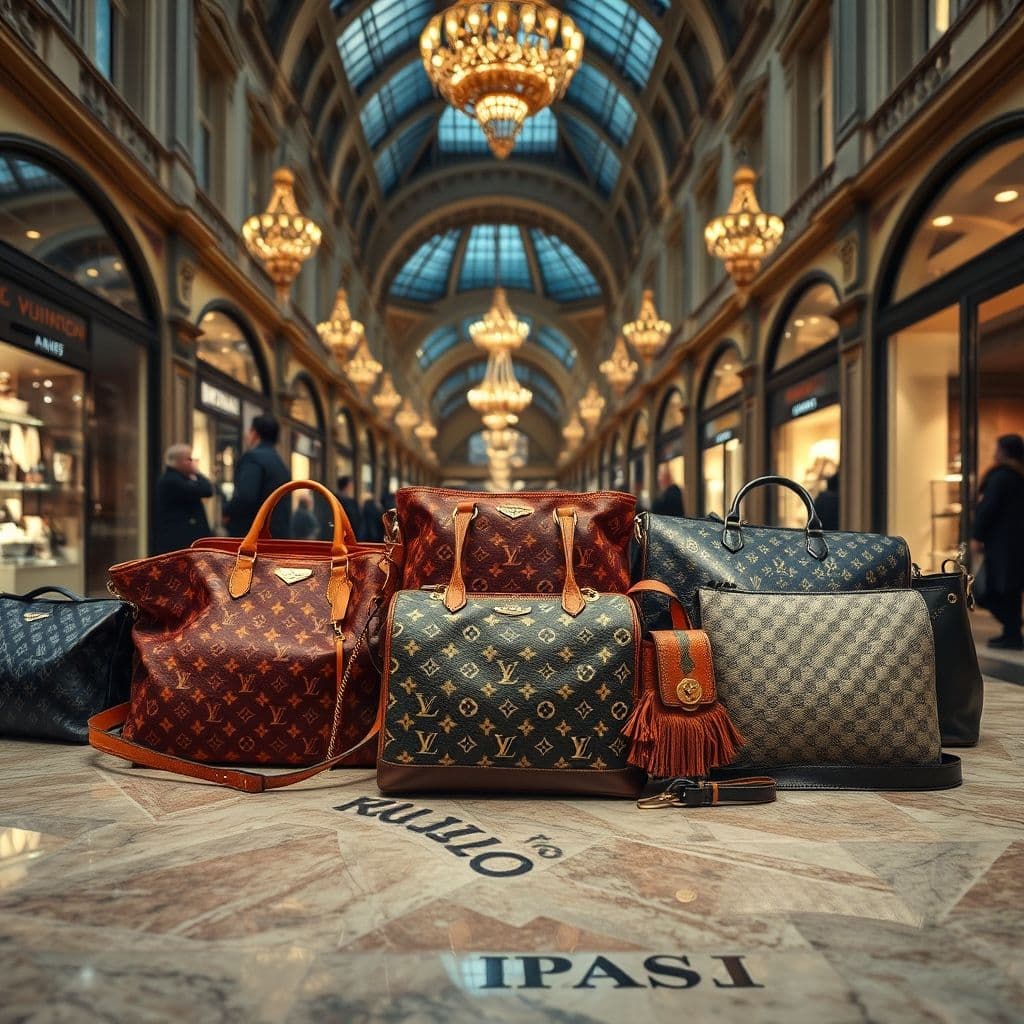 Colección de bolsos y accesorios de lujo de las principales marcas sobre fondo elegante