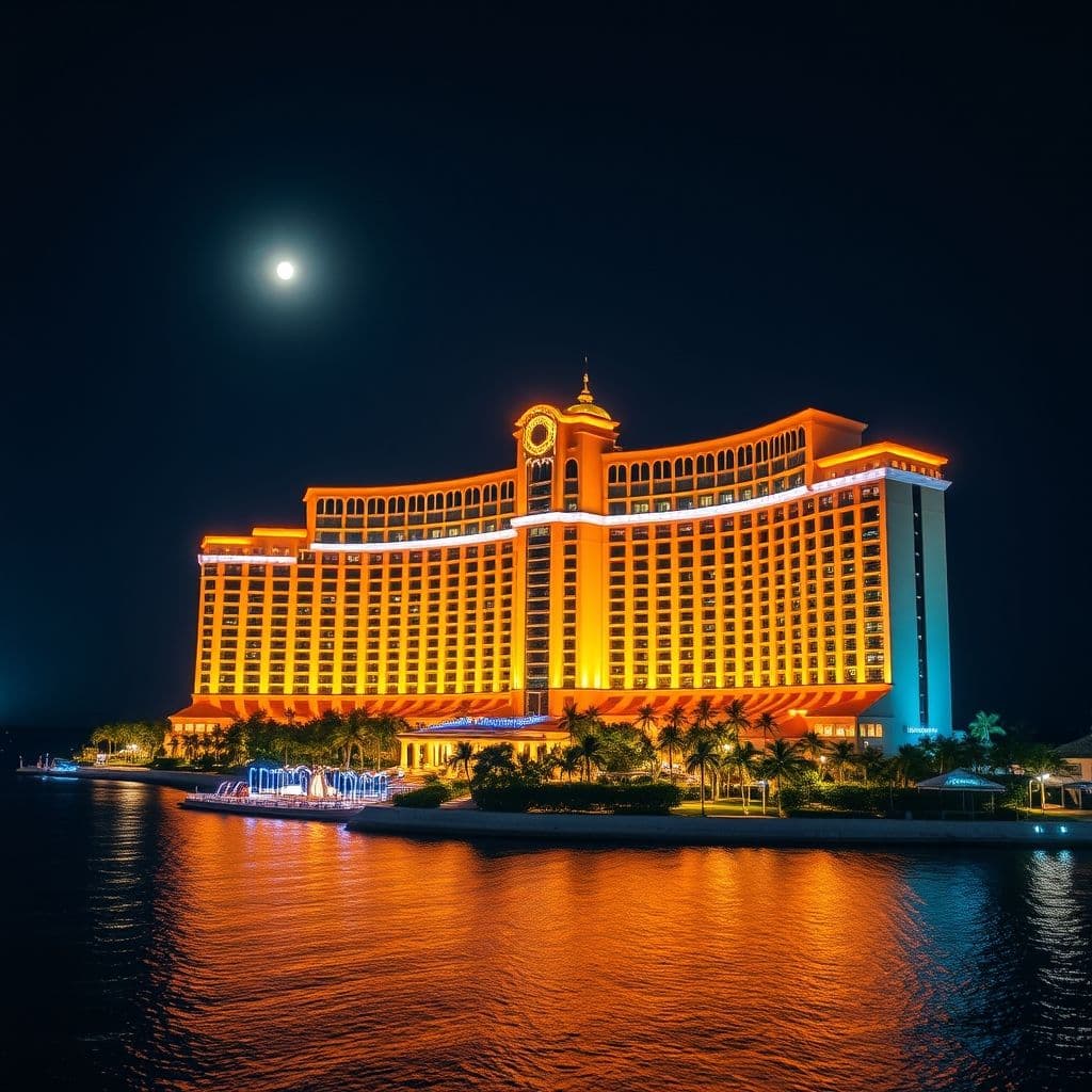 Vista aérea del lujoso hotel Atlantis por la noche