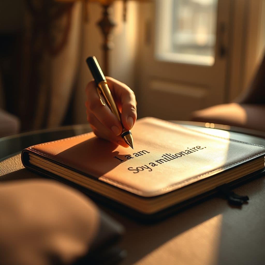 Persona escribiendo afirmaciones positivas en un diario de abundancia.