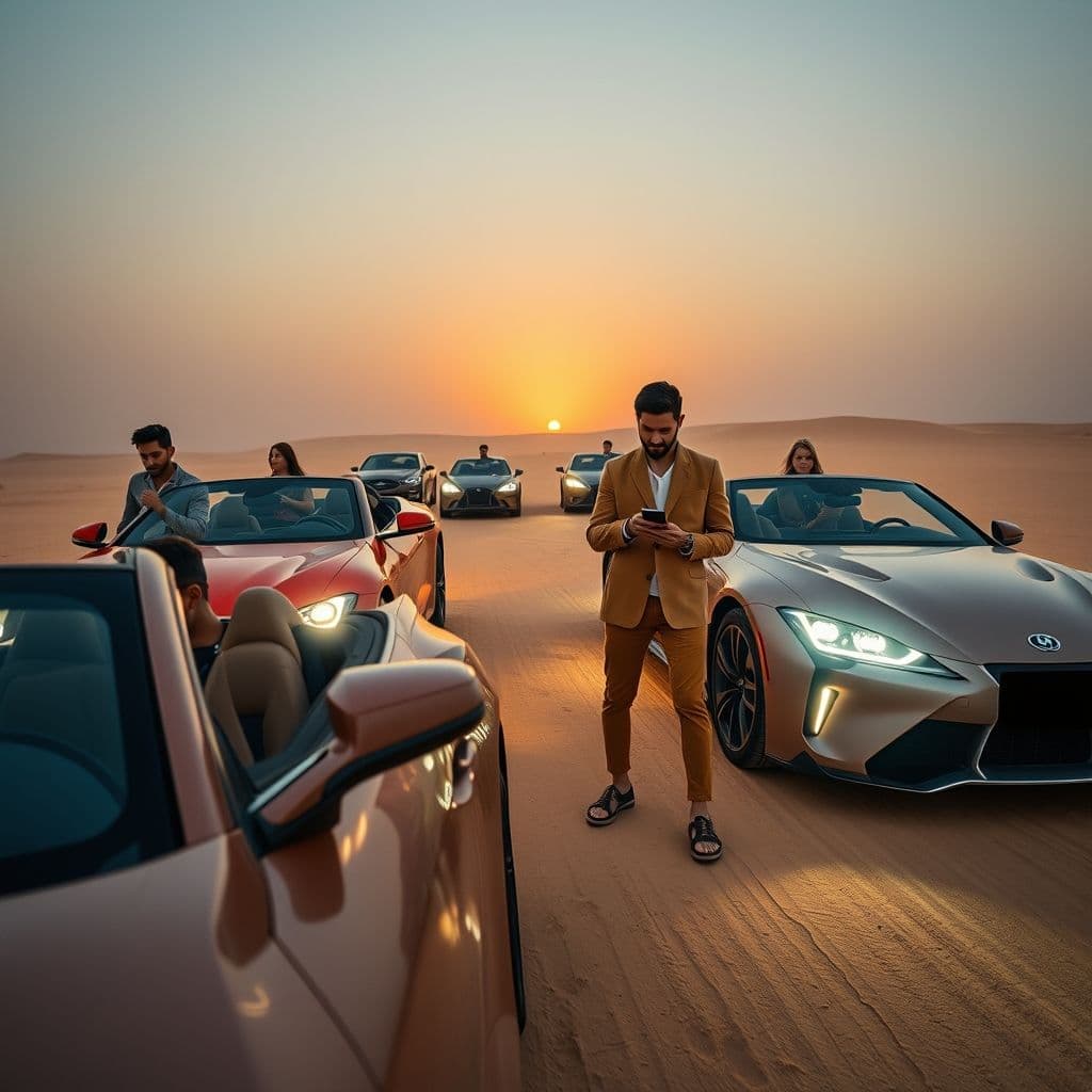 Grupo de influencers siendo grabados mientras posan con autos de lujo