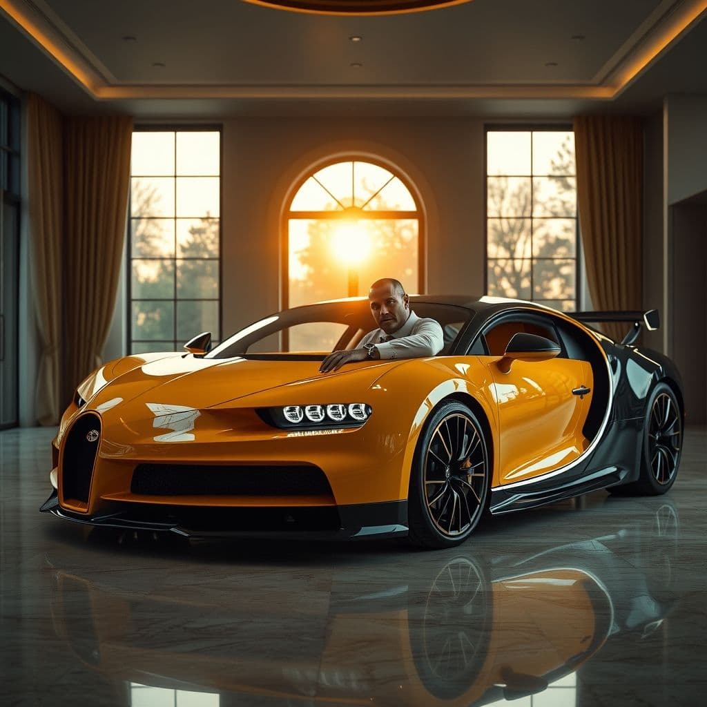 Karim Benzema posando junto a su Bugatti Chiron en el salón de su mansión en Madrid