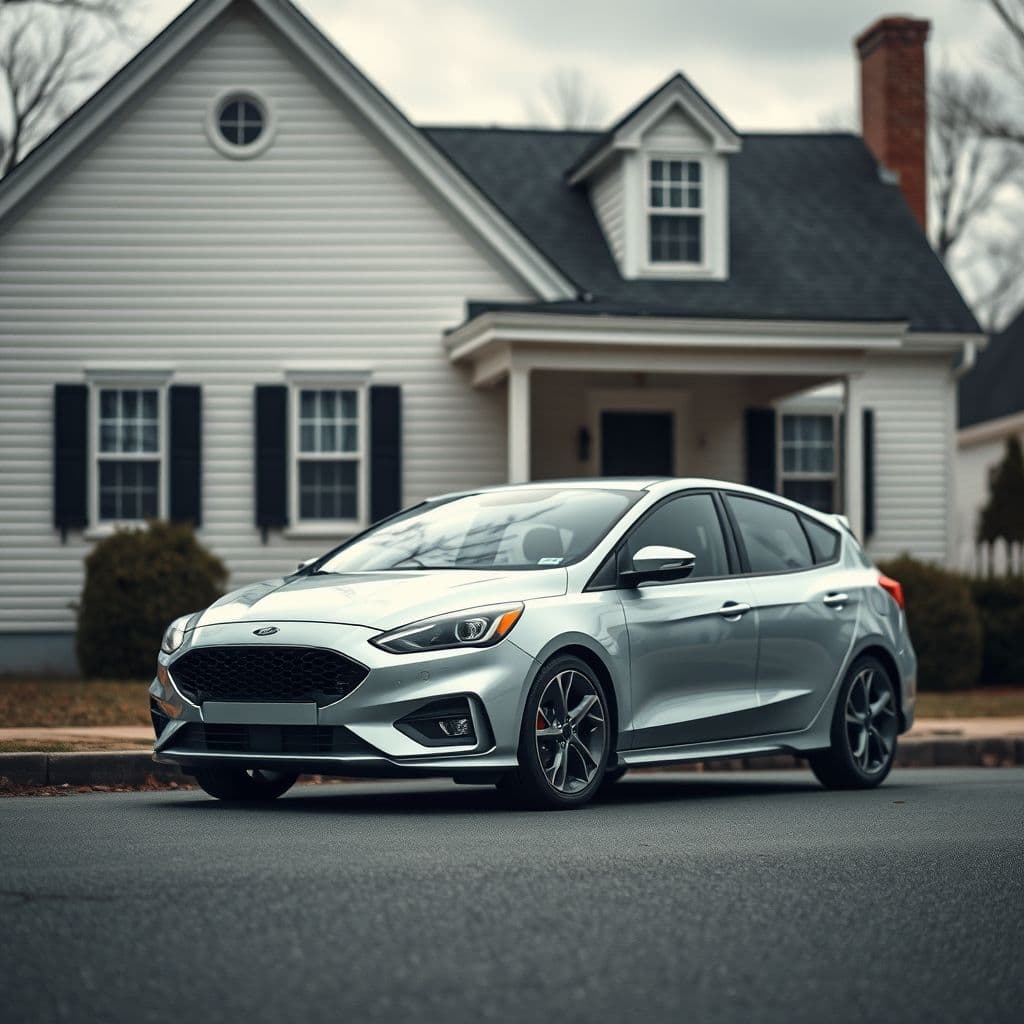 Ford Focus estacionado en frente de una casa modesta representando el declive de Ryan