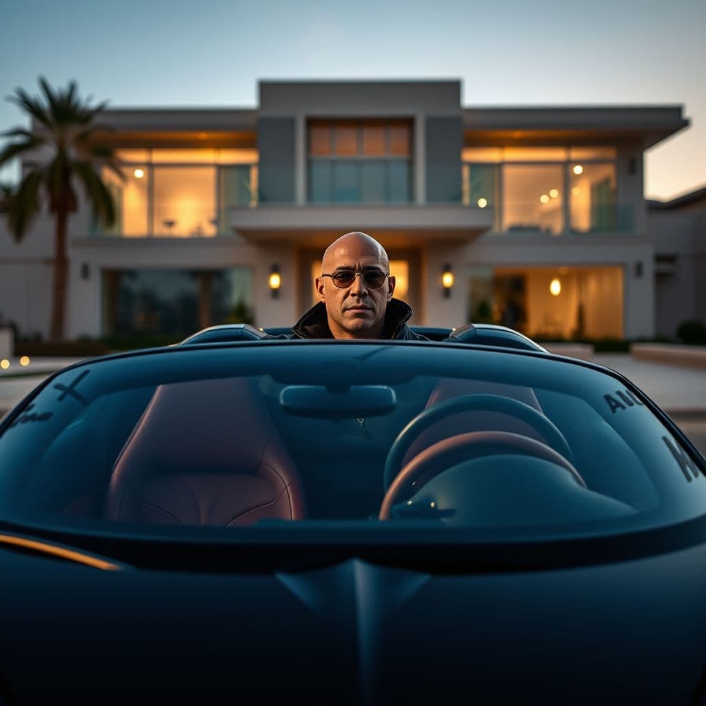 Vin Diesel posando con su Bugatti Chiron frente a una de sus mansiones en Beverly Hills