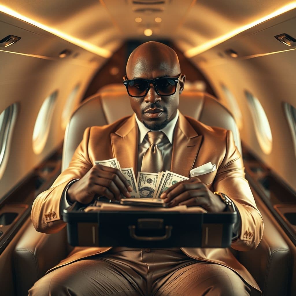 Floyd Mayweather abriendo su maleta llena de billetes de 100 dólares en un jet privado