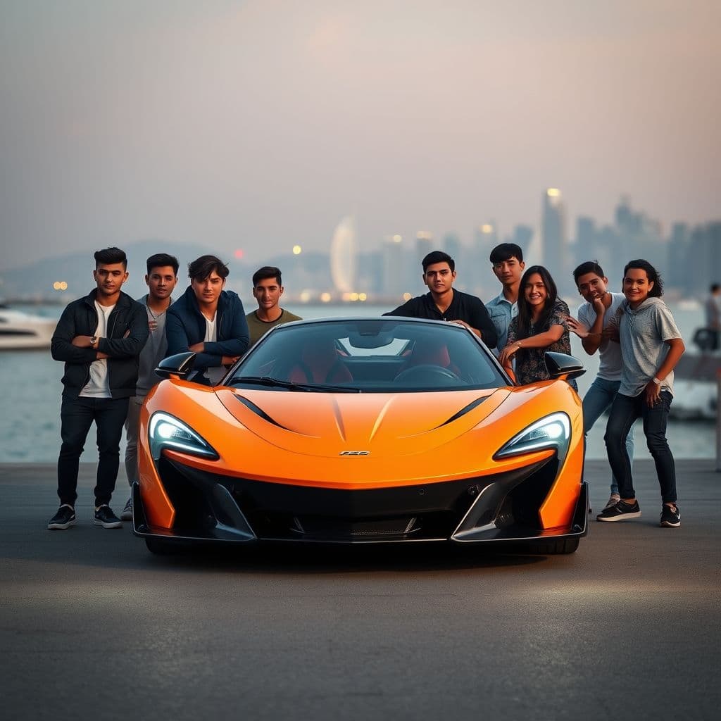 Influencers posando con un McLaren en Dubai, simulando un estilo de vida de lujo