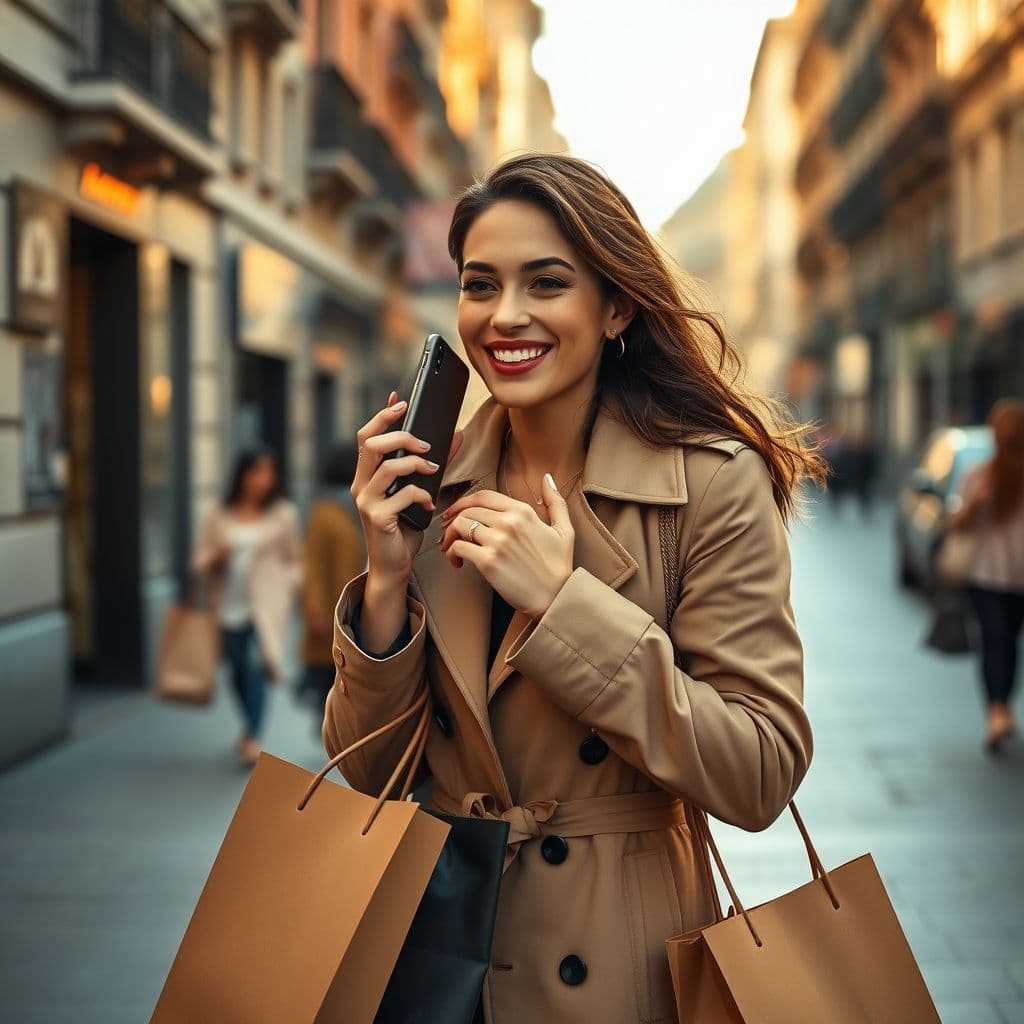 Mujer latina elegante hablando por teléfono en español en una calle lujosa