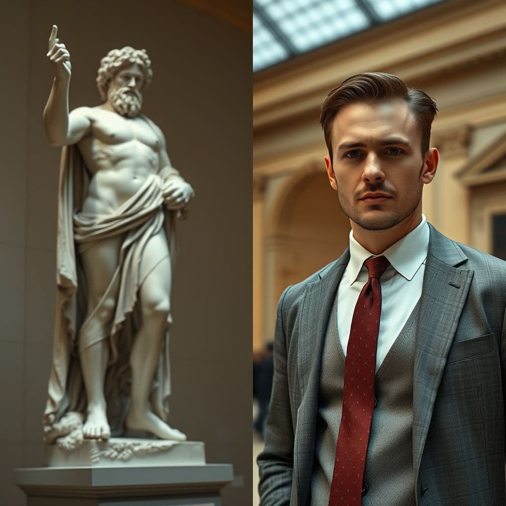 Comparación entre una estatua griega de Zeus y Elan Tobiana con traje elegante