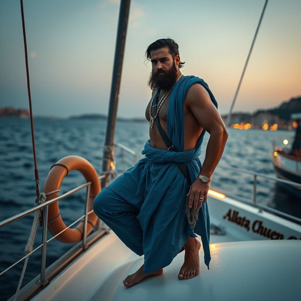 Zeus (Elan Tobiana) posando con un traje elegante frente a un yate de lujo al atardecer