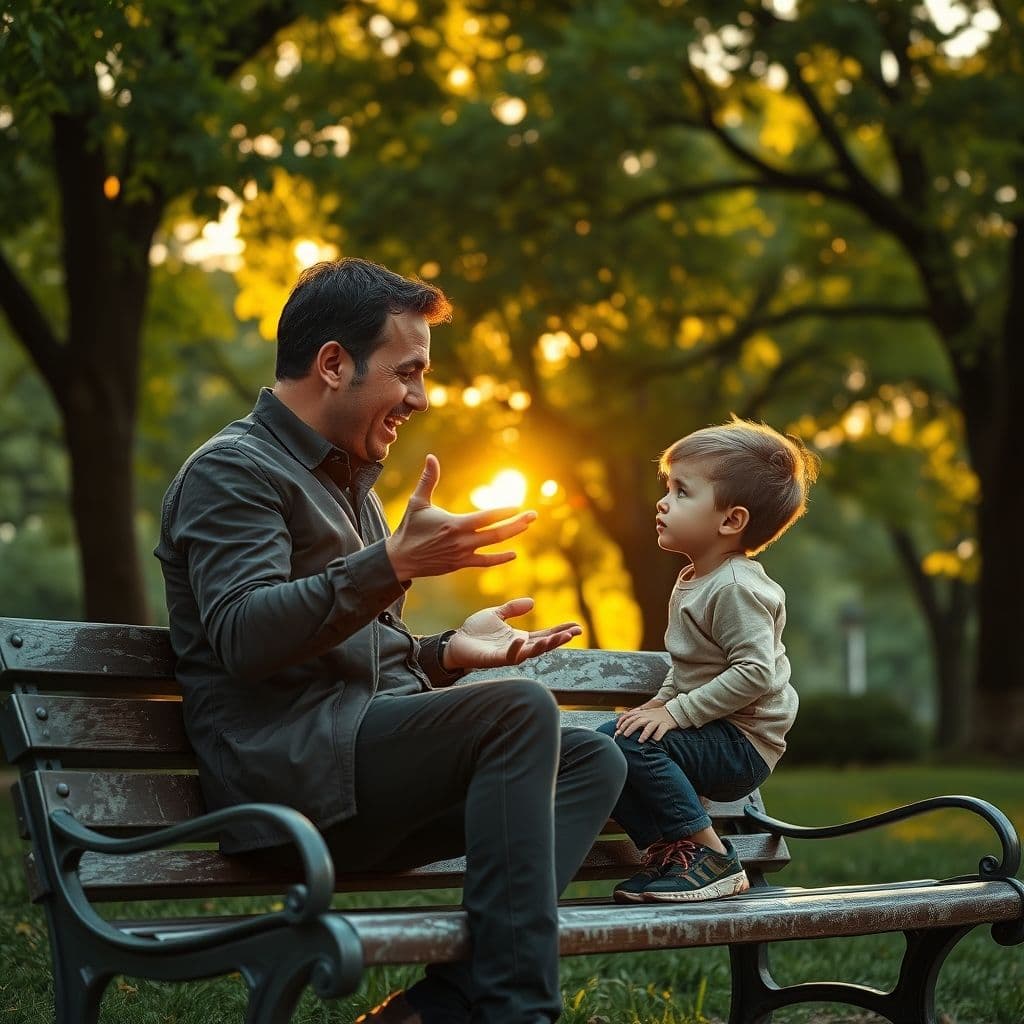 Padre e hijo teniendo una conversación profunda en un parque al atardecer.