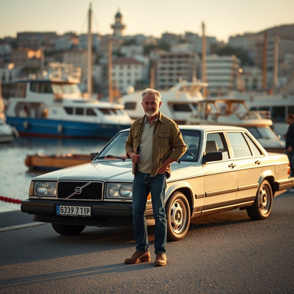 Evangelos Marinakis sonriendo con sencillez junto a su Volvo antiguo