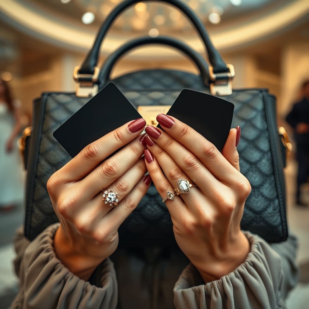 Manos femeninas mostrando anillos de lujo y sosteniendo tarjetas de crédito exclusivas