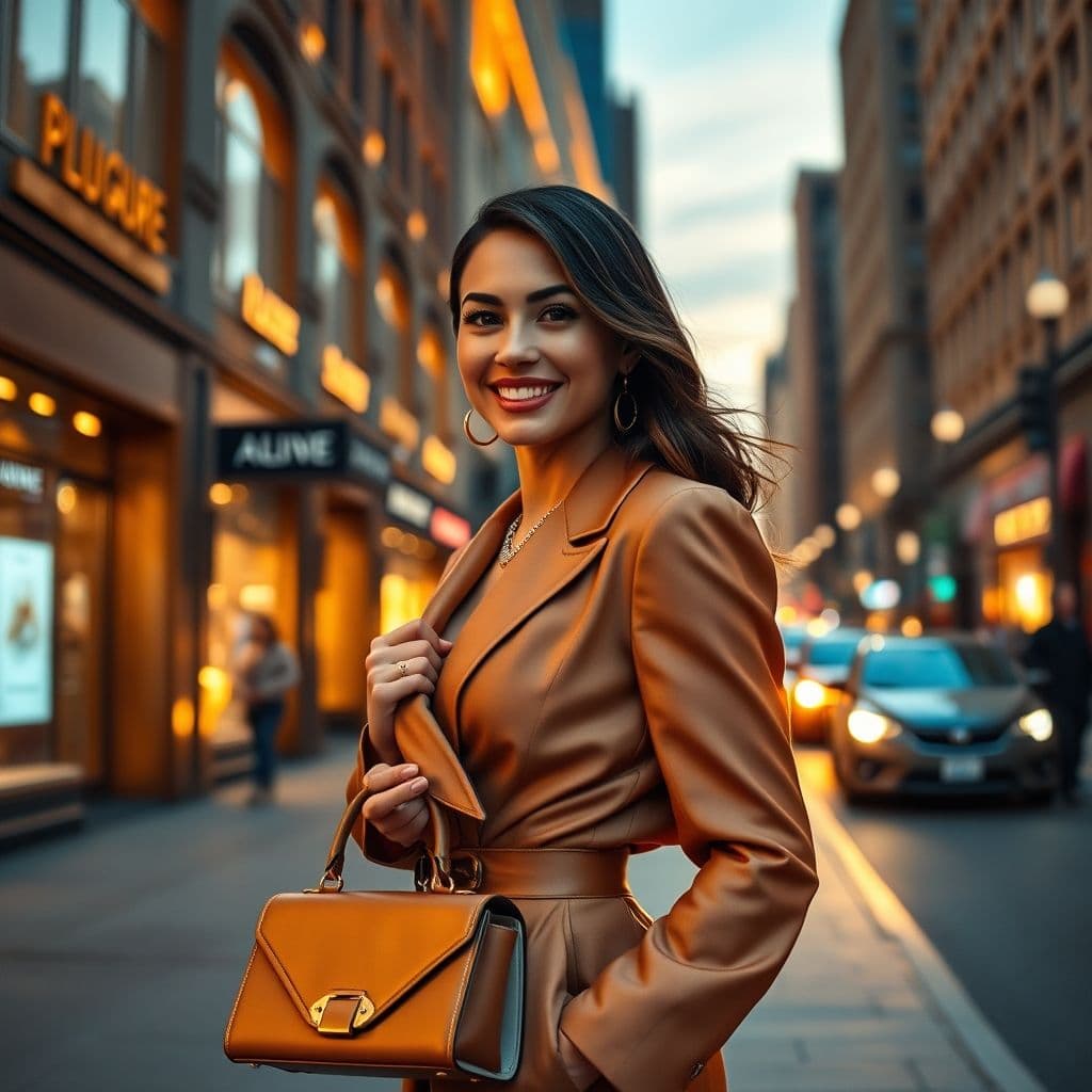 Mujer latina elegante sonriendo con confianza en una calle de ciudad cosmopolita