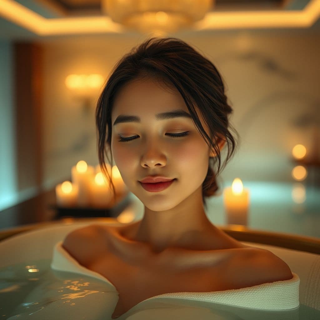 Mujer relajándose en un spa de lujo con tratamientos faciales y masajes.