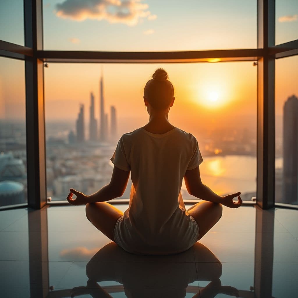 Persona meditando en un entorno de lujo, visualizando abundancia.