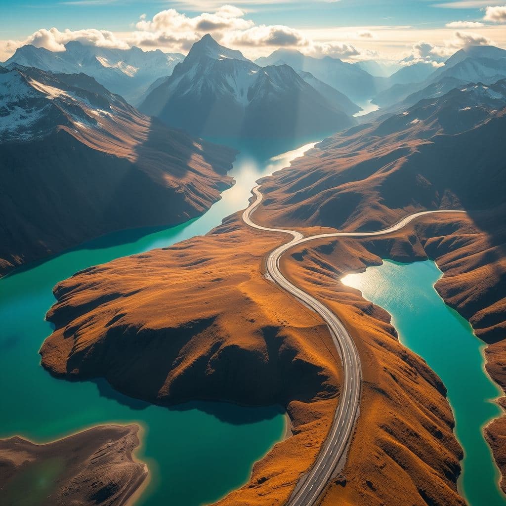 Vista panorámica de la Carretera Austral con montañas y lagos.