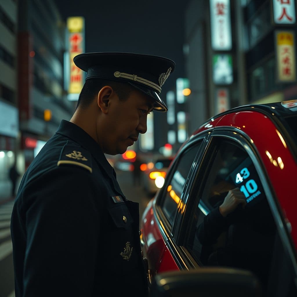 Un policía hablando cortésmente con el conductor de un auto deportivo de lujo.