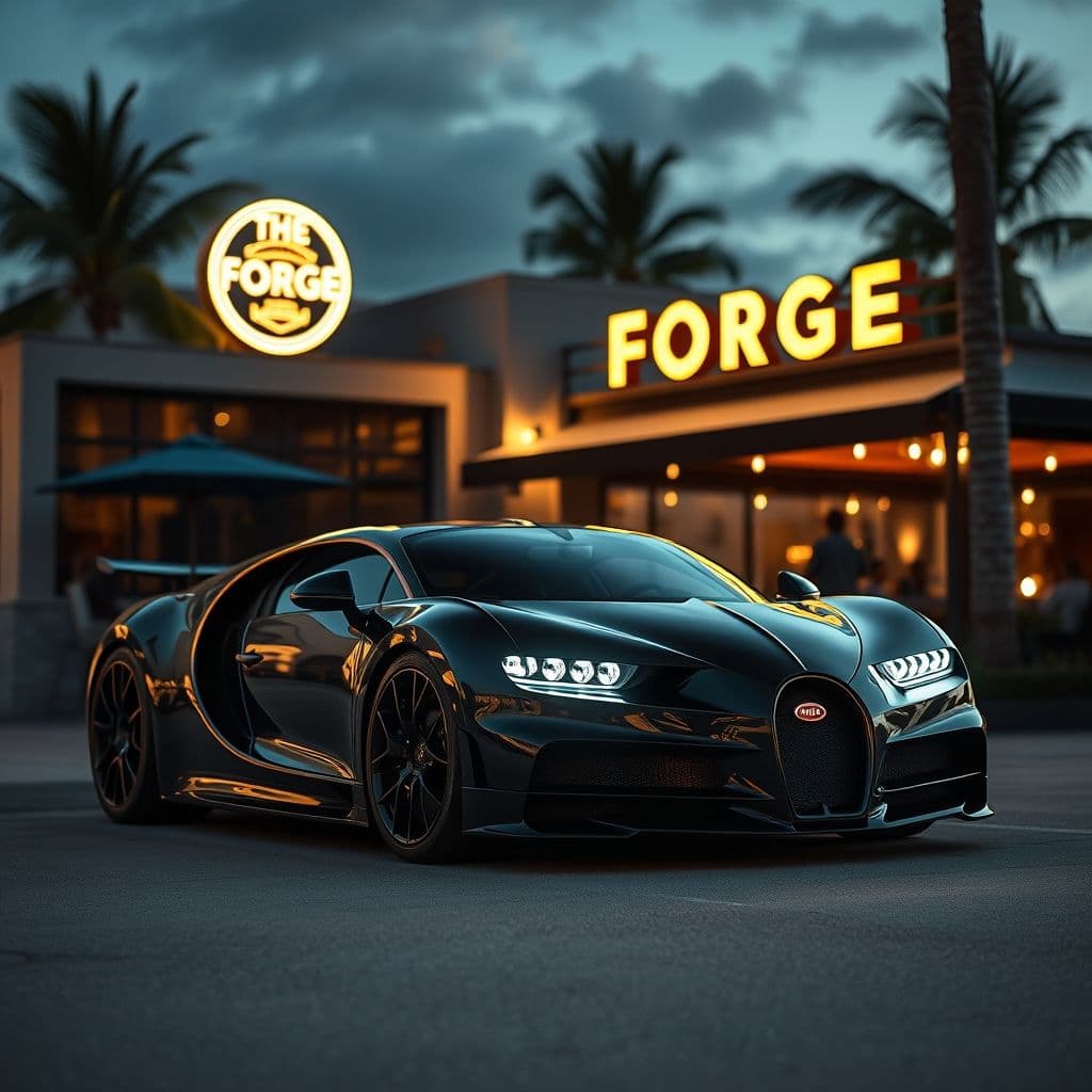 Un Bugatti estacionado frente a un restaurante exclusivo en Miami, simbolizando el lujo y el estatus.