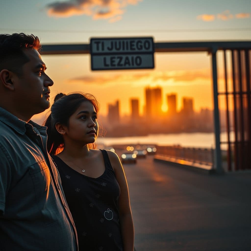 Familia hispana mirando hacia el horizonte con expresión de esperanza y duda frente a un paisaje urbano de Estados Unidos.