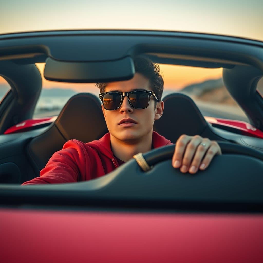Joven millonario conduciendo un deportivo de lujo al atardecer