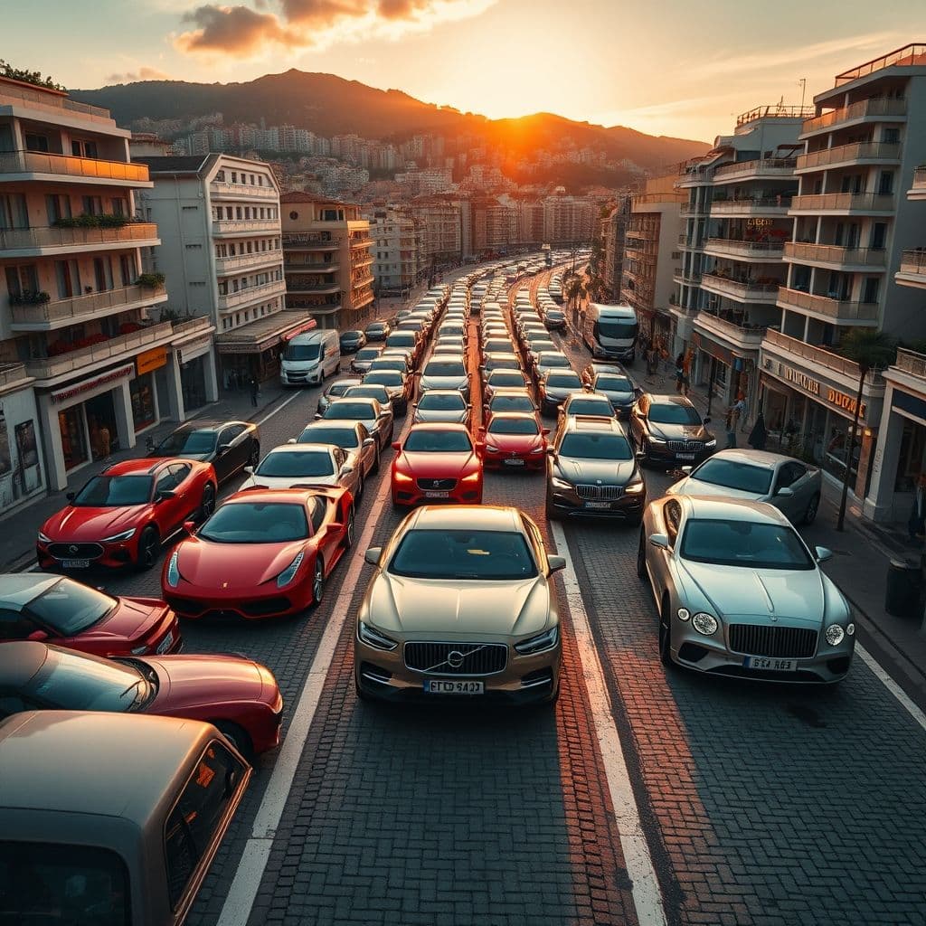 Contraste entre autos de lujo y un Volvo antiguo en las calles de Mónaco