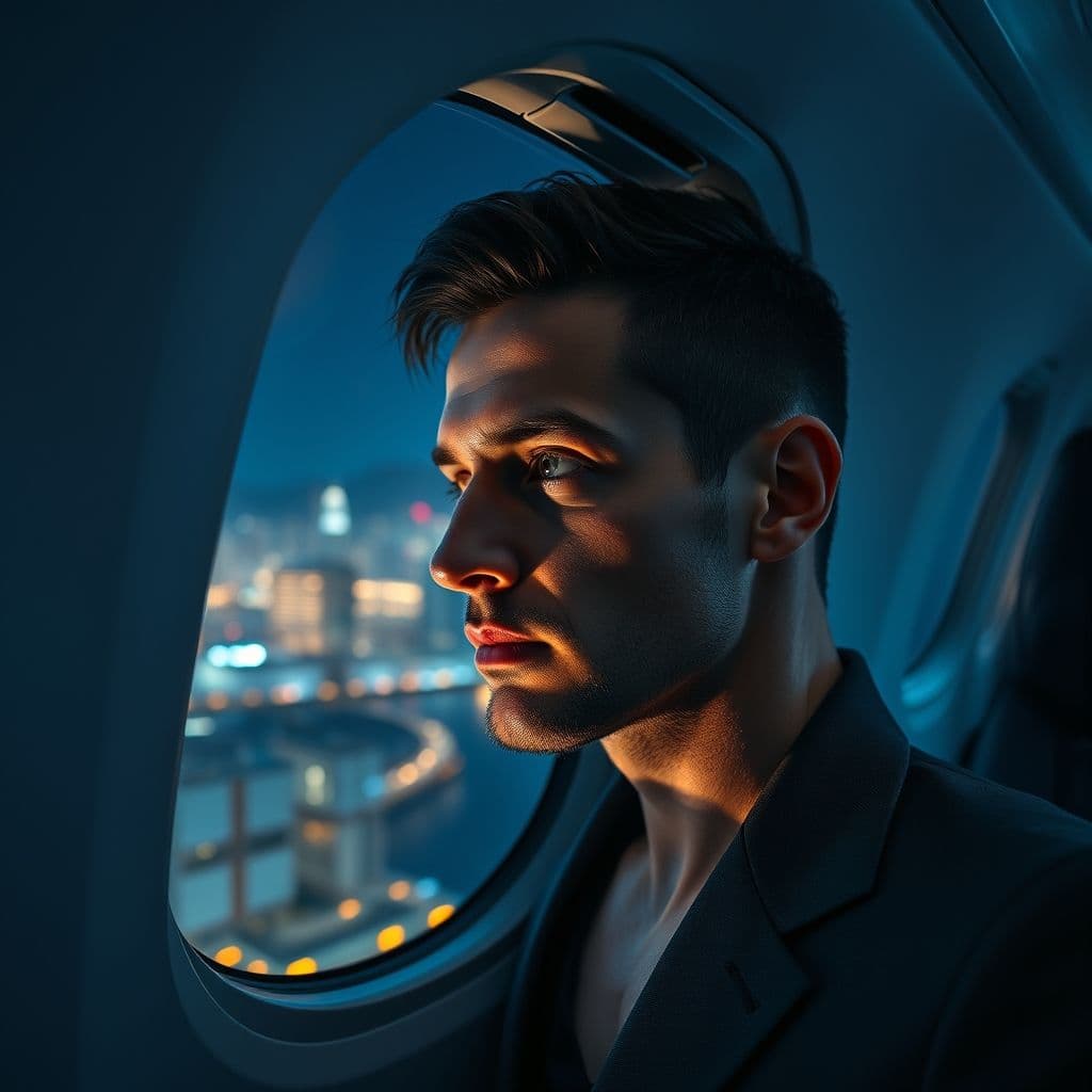 Zeus mirando pensativamente por la ventana de un jet privado