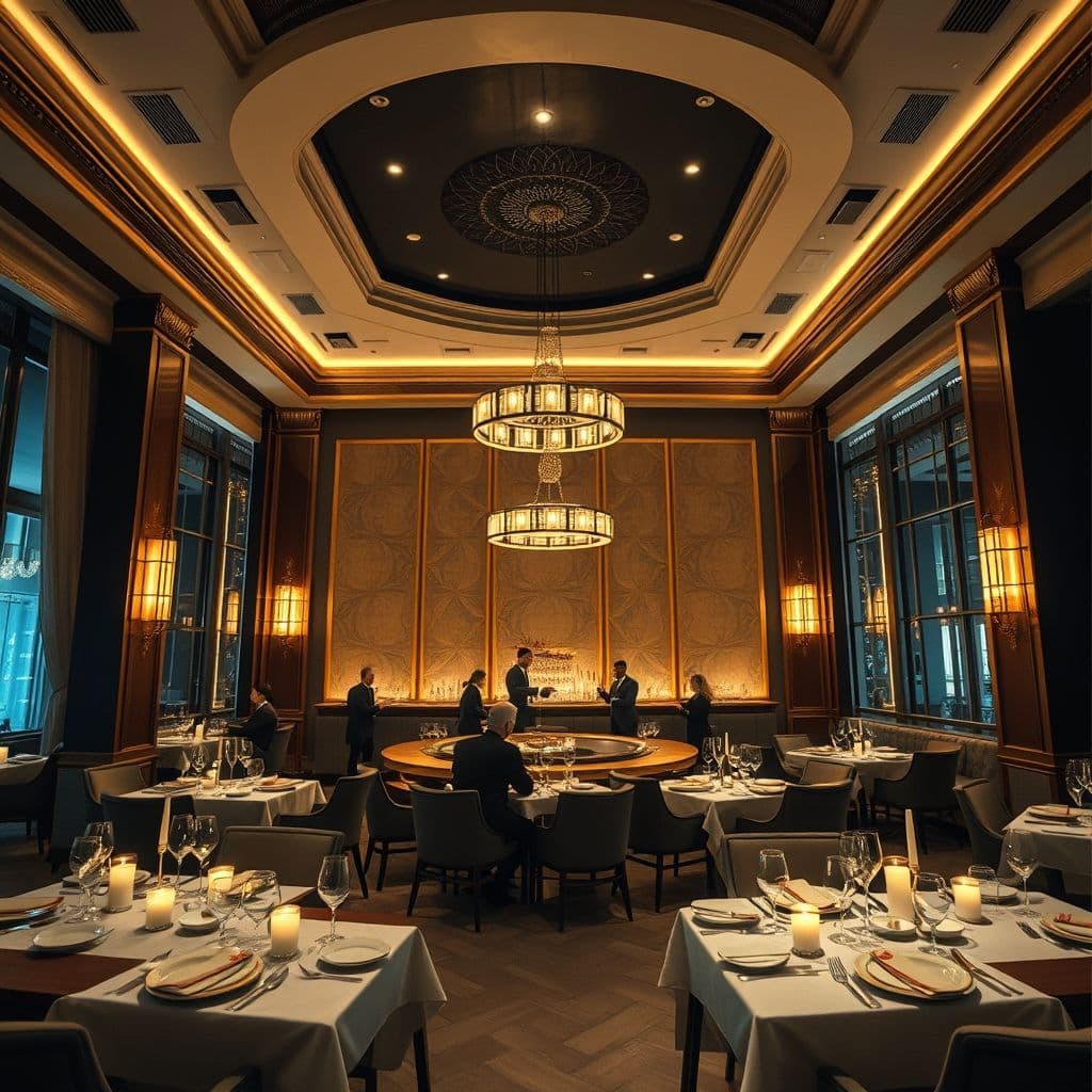 Interior lujoso de un restaurante exclusivo en Miami con mesas elegantemente decoradas.
