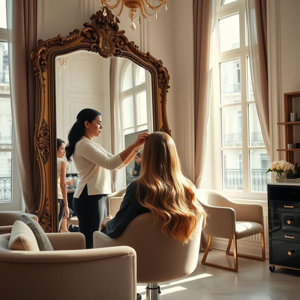 Mujer recibiendo un tratamiento de botox capilar en una peluquería de lujo.